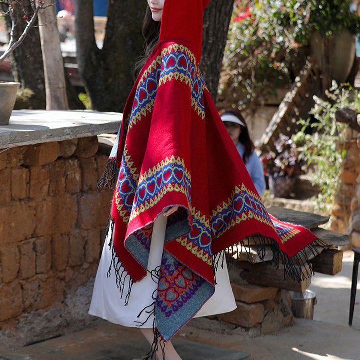 Mantón tibetano de Buddha Stones , capa con capucha y borla de corazón de amor rojo, bufanda de viaje acogedora para invierno