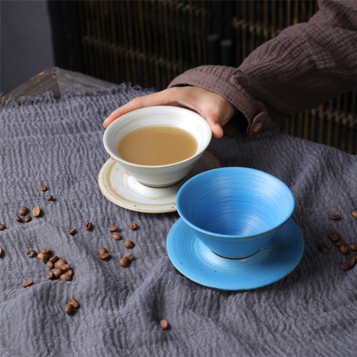 Taza de café de cerámica con diseño de planeta de Buddha Stones, taza de café y té de cerámica rugosa con platillo