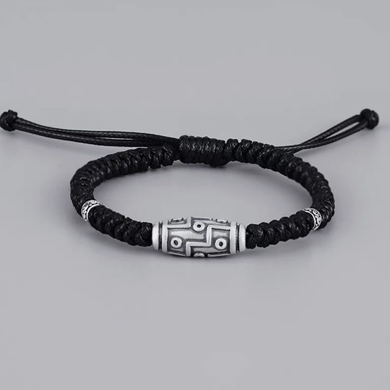 Pulsera de cuerda de bendición con patrón de cuentas Dzi de nueve ojos de plata de ley 999 con Buddha Stones