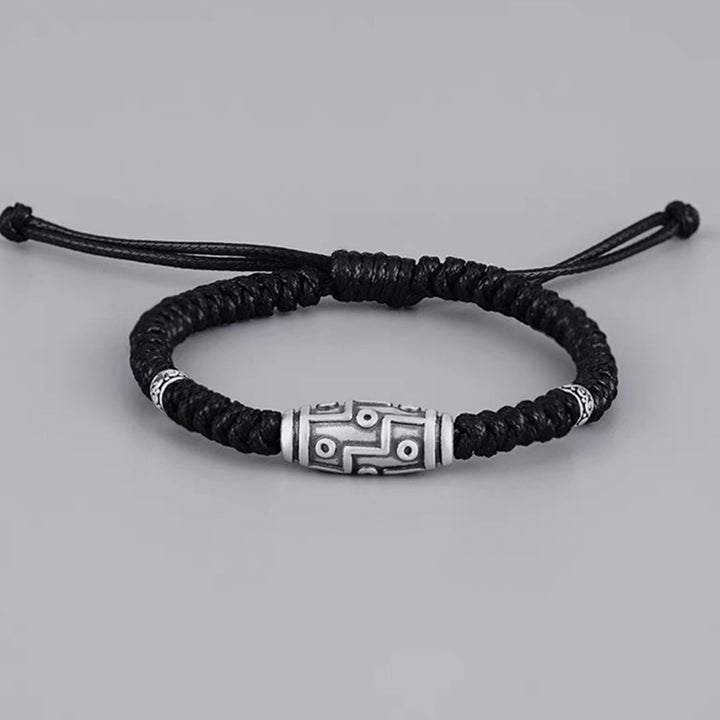 Pulsera de cuerda de bendición con patrón de cuentas Dzi de nueve ojos de plata de ley 999 con Buddha Stones