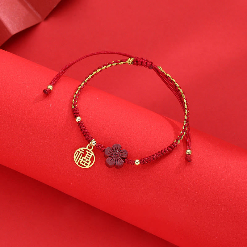 Pulsera de hilo trenzado con Buddha Stones, flor de cinabrio, carácter Fu, bendición