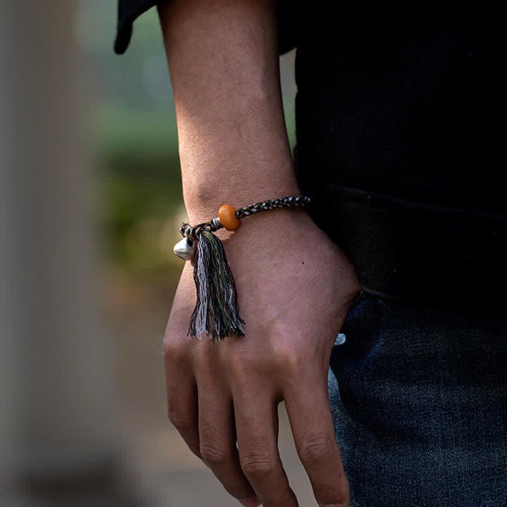 Pulsera de protección de deseos de peso de acero de ámbar hecho a mano tibetana de plata de ley 990