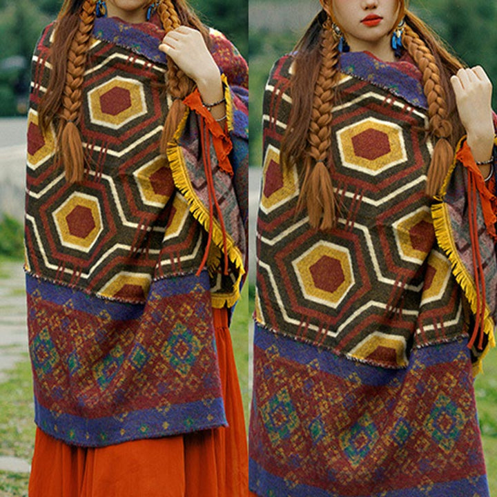 Mantón tibetano de Buddha Stones, patrón de formas geométricas, marrón, azul y rojo, bufanda de viaje acogedora para invierno