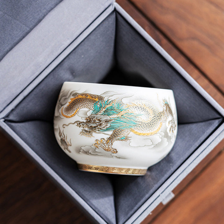 Taza de té de cerámica con caja de regalo, tazas de té de Kung Fu con Buddha Stones , dragón, Fénix, nubes propicias