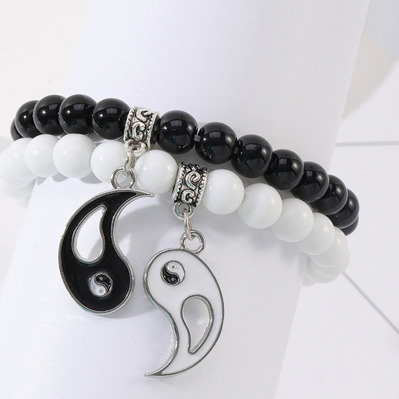 Buddha Stones 2 uds. Pulsera de pareja de protección Yin Yang con cuentas de turquesa blanca y ónix negro - image 8
