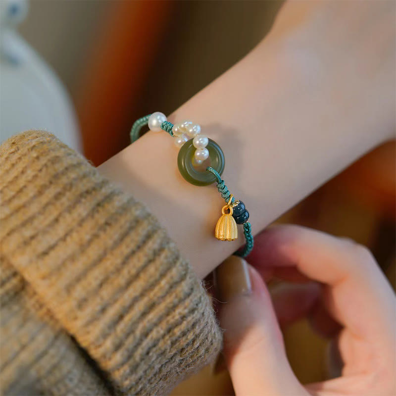 Pulsera trenzada hecha a mano con Buddha Stones, jade hetiano natural, hebilla de la paz, perla de la suerte