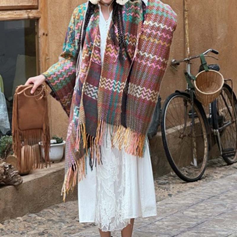 Chal tibetano con Buddha Stones , coloridas formas onduladas a rayas, borlas, bufanda de viaje acogedora para invierno