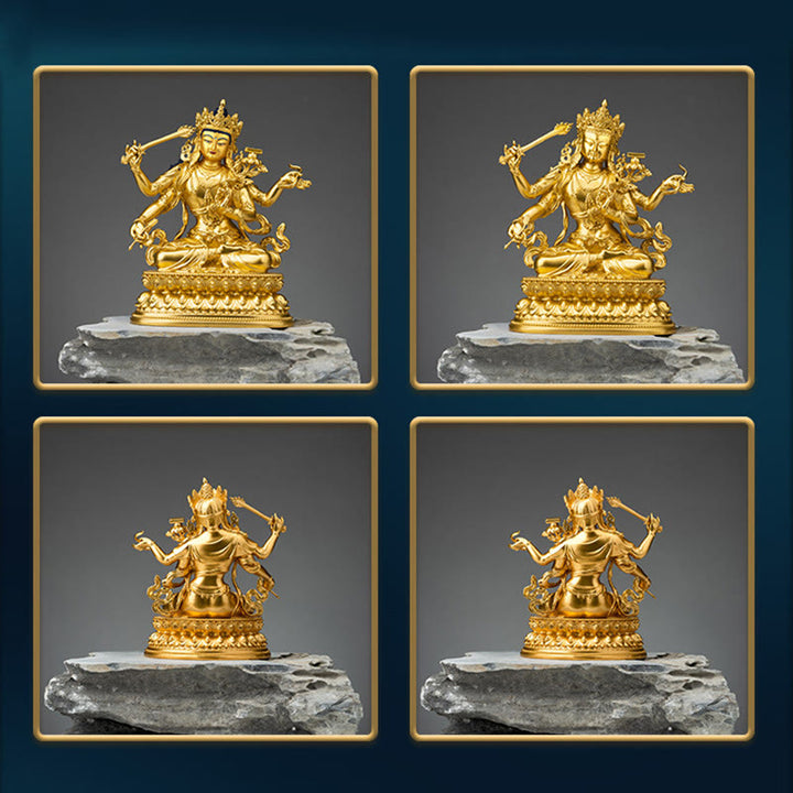 Estatuilla de oro Manjusri Bodhisattva de cuatro brazos, estatua de cobre de serenidad y compasión, decoración del hogar