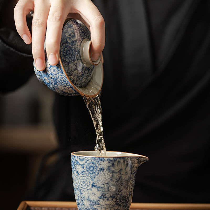Buddha Stones azul y blanca vintage Flor de durazno Loto Peonía Cerámica Gaiwan Sancai Taza de té Kung Fu Taza de té y platillo con tapa - image 8