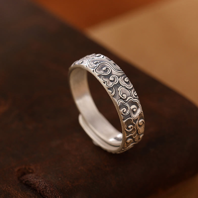 Anillo de iluminación grabado con Buddha Stones de plata de ley 999, flor de loto, flor de ciruelo, nubes auspiciosas