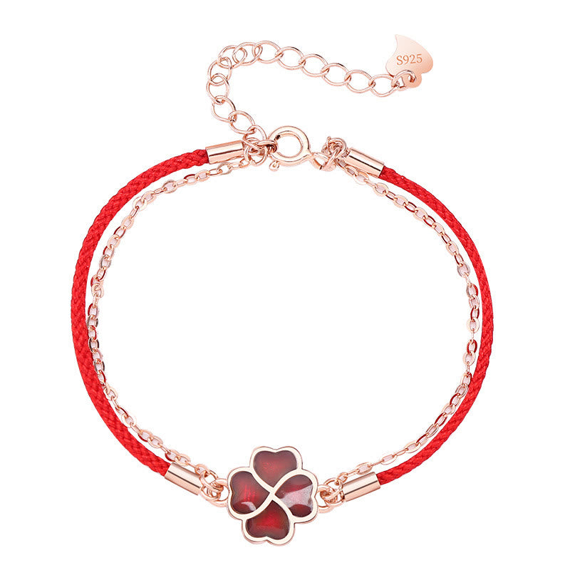 Pulsera de hilo rojo con protección de la suerte de trébol de cuatro hojas que cambia de color de plata de ley 925 con Buddha Stones