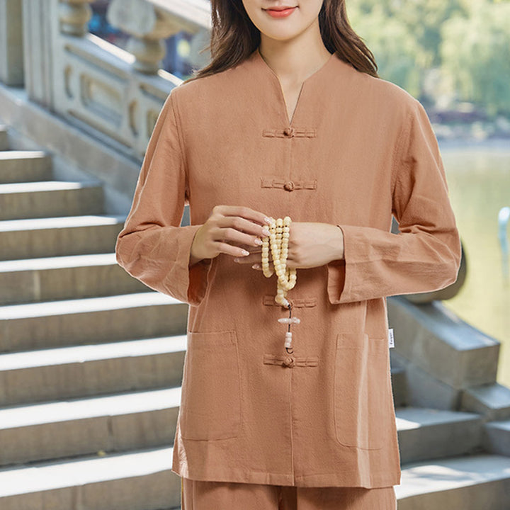 Conjunto de ropa de lino y algodón para mujer, uniforme de oración, meditación, Yoga, práctica Zen espiritual , Buddha Stones - Sandy Brown - US18, UK/AU22, EU50 (6XL) - image 11