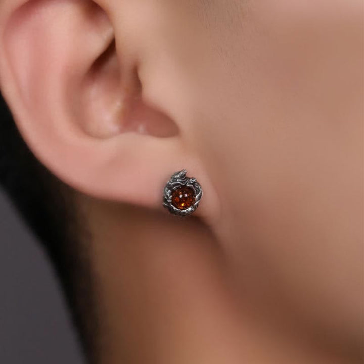 Pendientes de plata de ley 925 con Buddha Stones , diseño de dragón de ámbar natural
