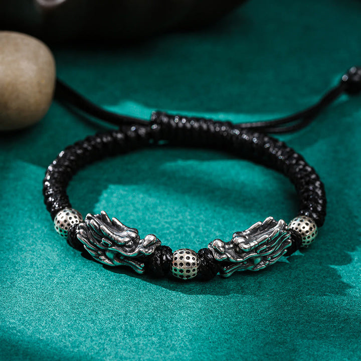 Pulsera trenzada hecha a mano con doble suerte de dragón de plata de ley 999 con Buddha Stones