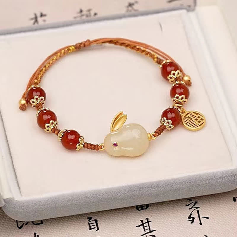 Año del Conejo Ágata Roja Jade Bunny Confidence Pulsera de Hilo