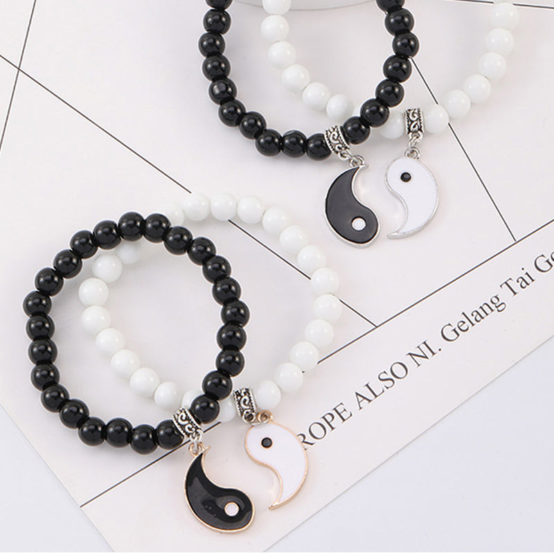 Buddha Stones 2 uds. Pulsera de pareja de protección Yin Yang con cuentas de turquesa blanca y ónix negro - image 12