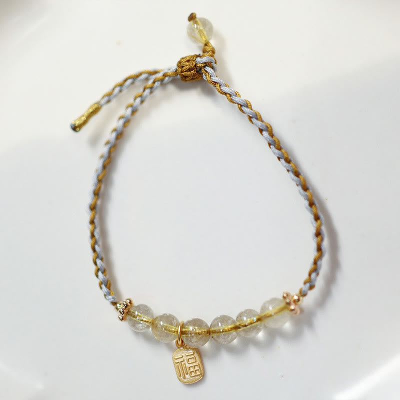 Pulsera trenzada de la suerte con carácter Fu de Cuarzo rutilado con calabaza de jade natural de plata de ley 925