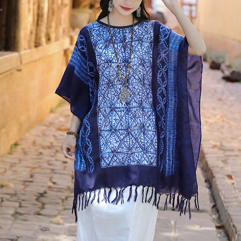 Jersey de viaje con borlas y chal teñido añil con geometría de rayas azules y Buddha Stones , 90x95cm