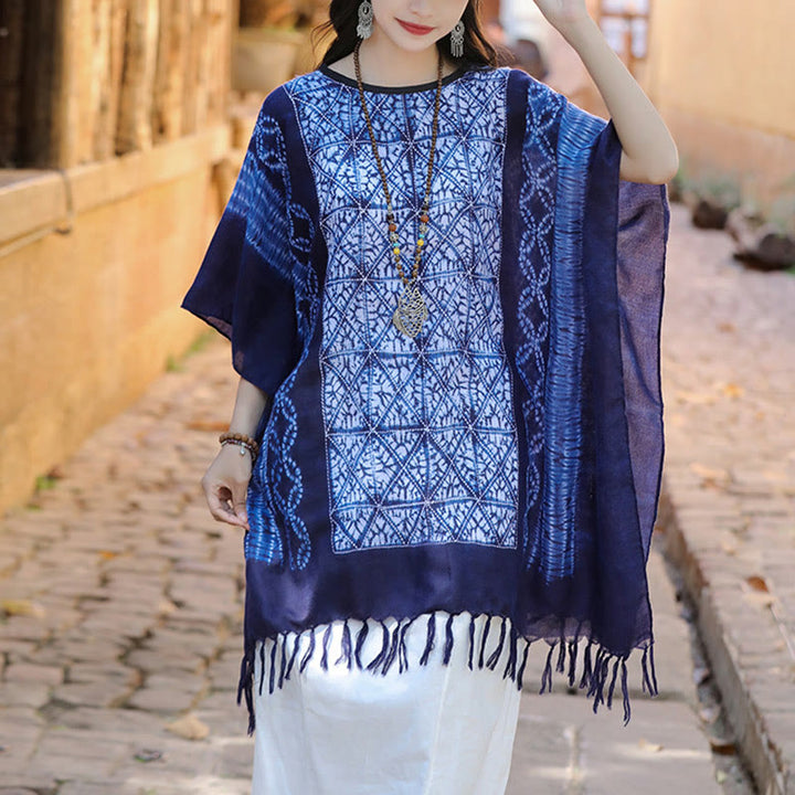 Jersey de viaje con borlas y chal teñido añil con geometría de rayas azules y Buddha Stones , 90x95cm
