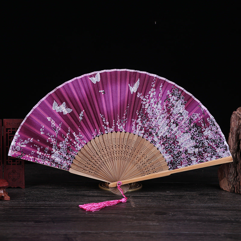 Abanico plegable de bambú con Buddha Stones, flor de cerezo, lirio, mariposa, bambú, 21cm