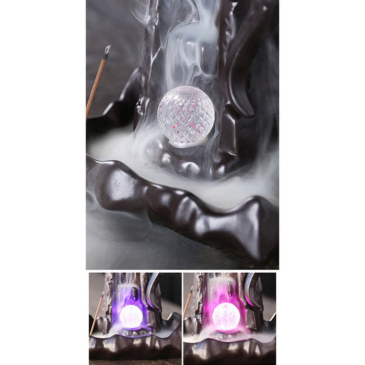 Quemador de incienso curativo para meditación, fuente de humo de reflujo de cerámica de dragón nórdico, decoración de bola Led