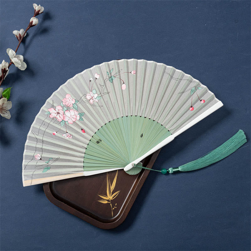 Abanico plegable de bambú de seda de mano con Buddha Stones , loto, flor de Begonia, jazmín, 21cm