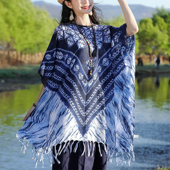 Buddha Stones azul rayas floral índigo teñido chal borlas acogedor jersey 90*95 cm