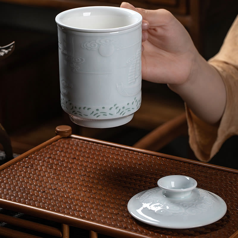 Buddha Stones Jingdezhen Linglong porcelana auspiciosa dragón Fénix barco navegación suave taza de té de cerámica tazas de té de oficina 420ml