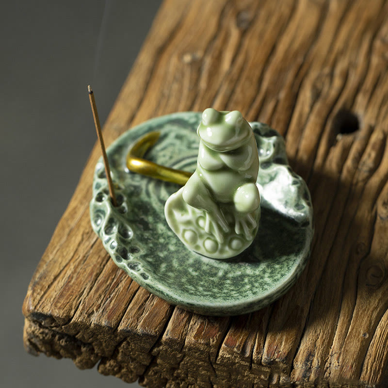 Quemador de incienso de cerámica curativo con patrón de rana para meditación de hojas de Buddha Stones, decoración
