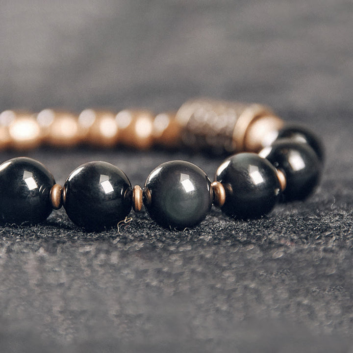 Pulsera de soporte curativo de Buddha Stones, roca de lava, obsidiana arcoíris y latón. - image 14