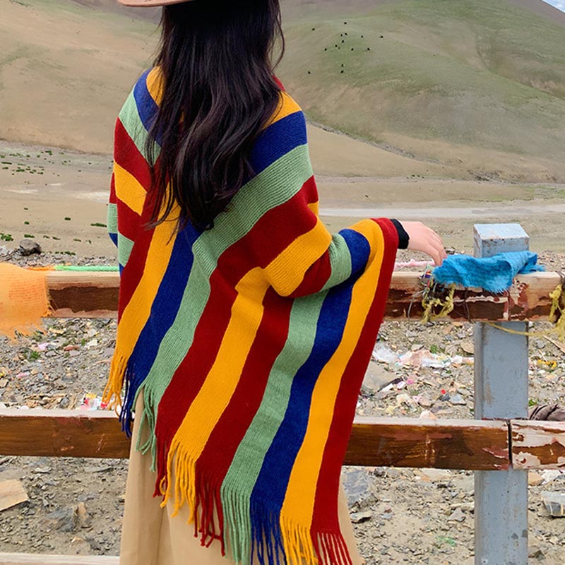 Bufanda de viaje acogedora para invierno con diseño de rayas tibetanas de Buddha Stones, chal con borlas
