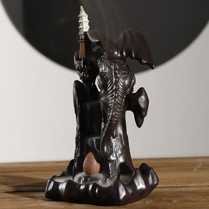 Quemador de incienso curativo para meditación, fuente de humo de reflujo de cerámica de dragón nórdico, decoración de bola Led