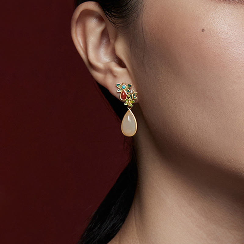 Pendientes colgantes con forma de gota de agua , Buddha Stones , Jade blanco, ágata roja, mariposa