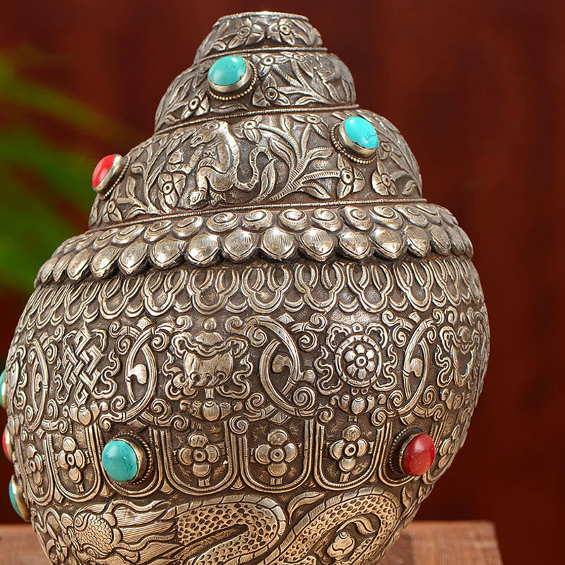 Shankha Natural hecho a mano tibetano grabado ocho símbolos auspiciosos Concha decoración del hogar de la suerte