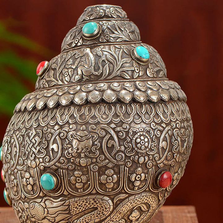 Shankha Natural hecho a mano tibetano grabado ocho símbolos auspiciosos Concha decoración del hogar de la suerte