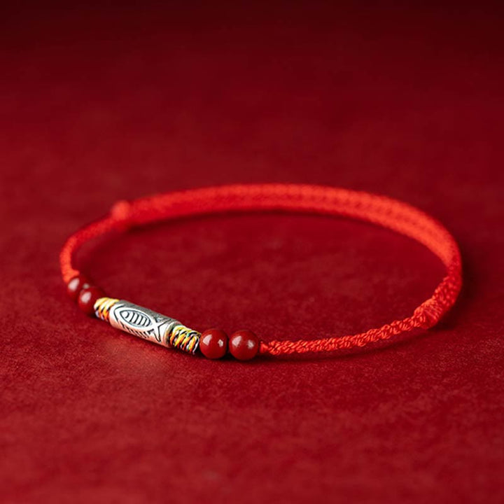Pulsera tobillera trenzada hecha a mano con cuentas de cinabrio y pez Koi de plata de ley 925 con Buddha Stones