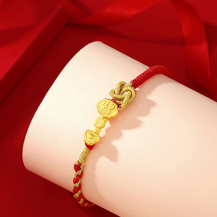 Pulsera de cuerda de la suerte con diseño de personaje Fu de plata de ley 999 con Buddha Stones