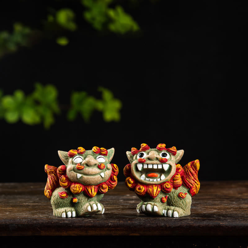Buddha Stones, pequeño par de perros León Fu Foo, protegen del mal, decoración de resina para el hogar