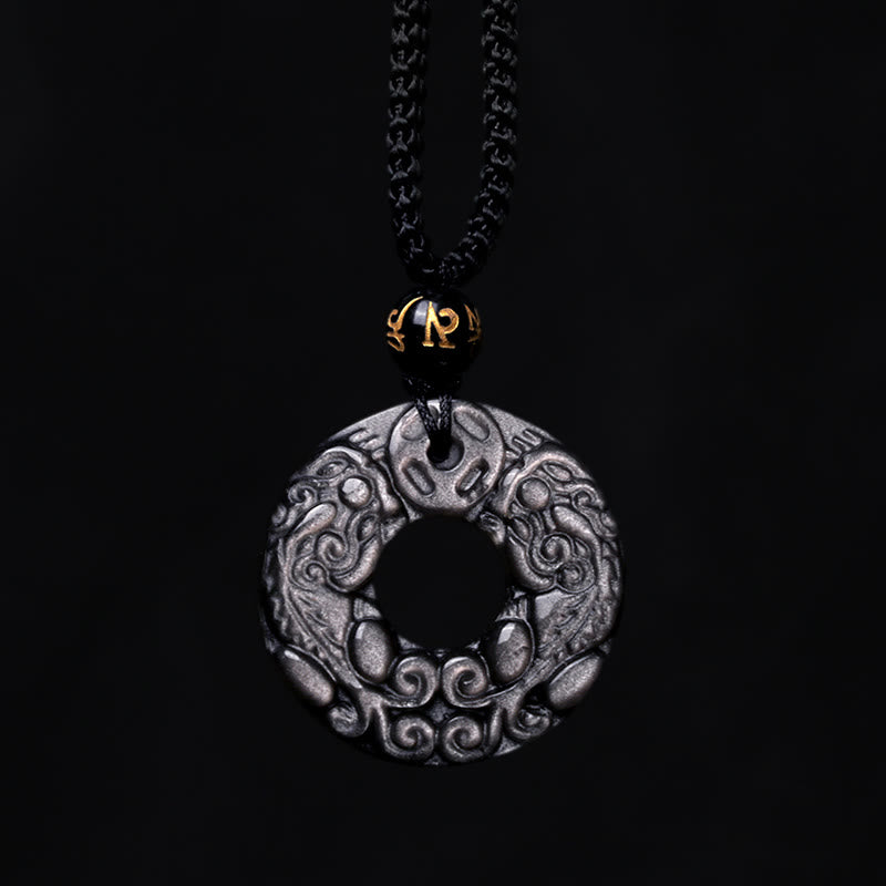 Colgante de collar de protección con hebilla de la paz, moneda de cobre PiXiu doble, obsidiana brillante de plata Natural , Buddha Stones - image 8