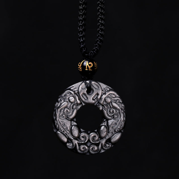 Colgante de collar de protección con hebilla de la paz, moneda de cobre PiXiu doble, obsidiana brillante de plata Natural , Buddha Stones - image 8