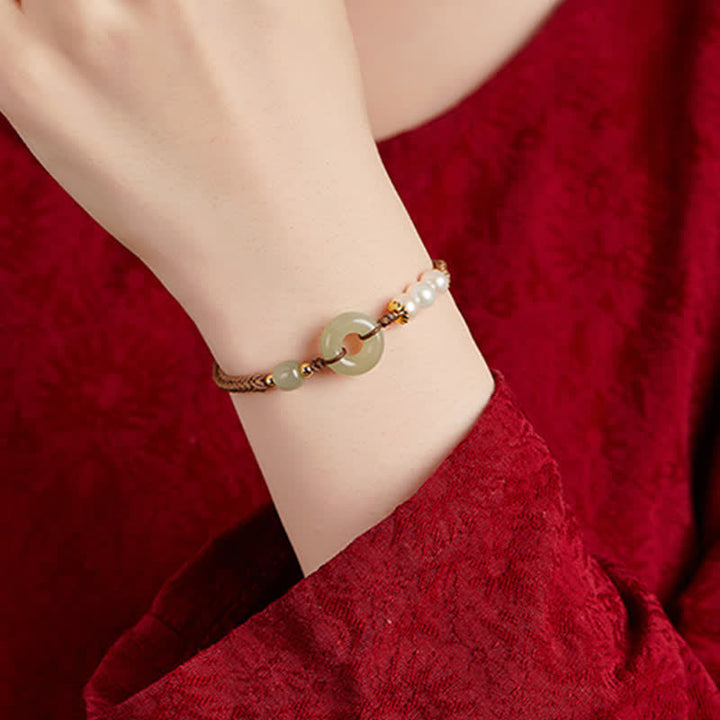 Pulsera de la suerte con hebilla de la paz y perlas de jade hetiano natural de Buddha Stones