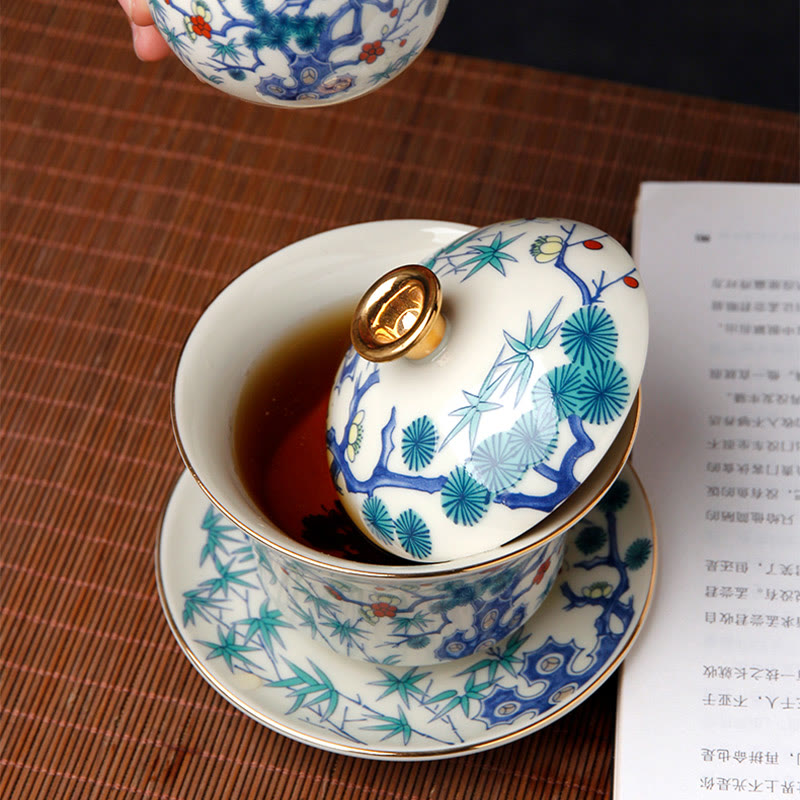 Buddha Stones Retro, flor de ciruelo, pino, bambú, Phoenix Kirin, cerámica Gaiwan Sancai, taza de té de Kung Fu y platillo con tapa