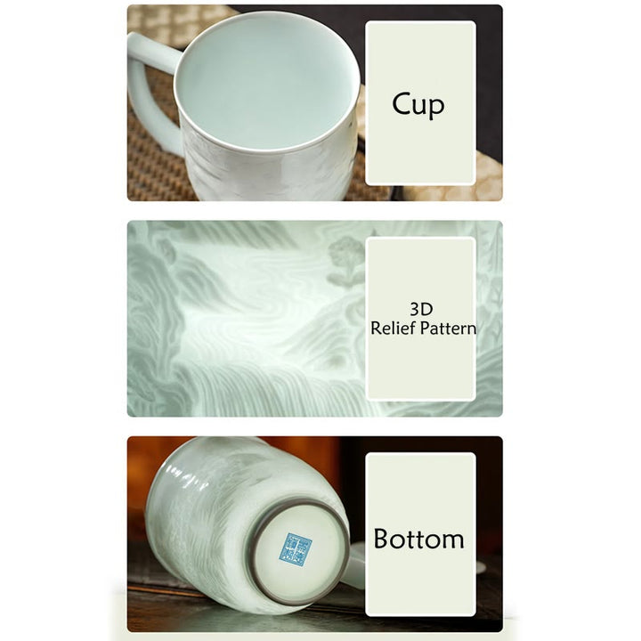 Buddha Stones Jingdezhen, porcelana blanca hecha a mano, gran pared, paisaje, taza de té de cerámica grabada, taza de oficina, tazas de té