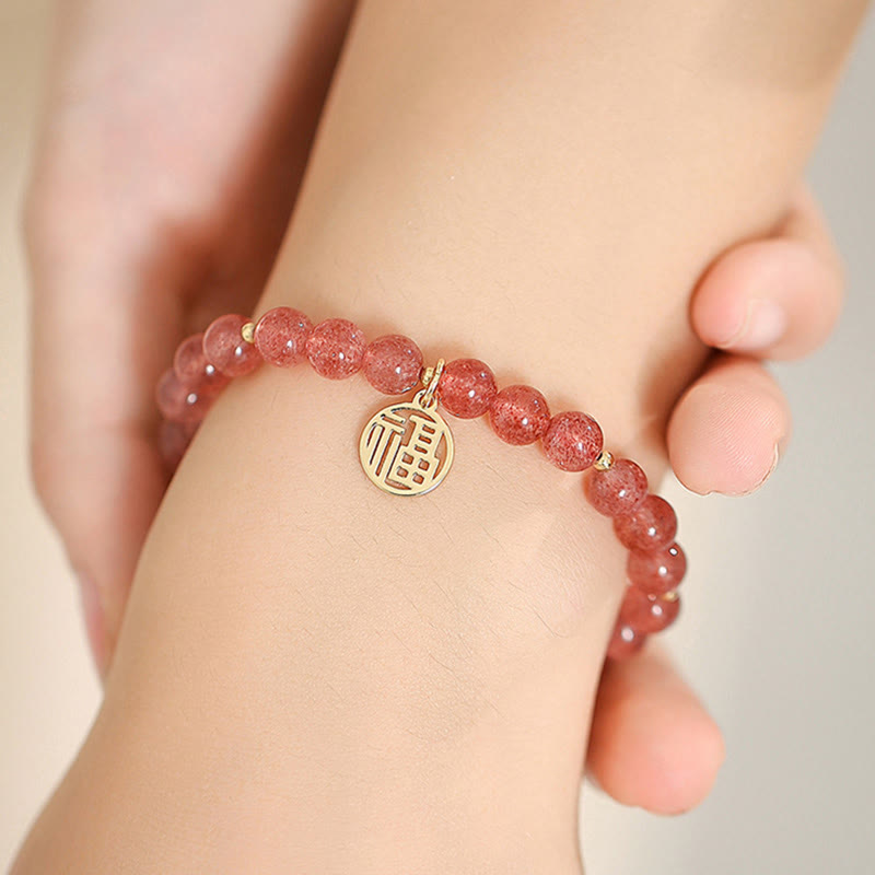 Pulsera con dije curativo de personaje Fu de cuarzo fresa chapado en oro de 14 quilates con Buddha Stones