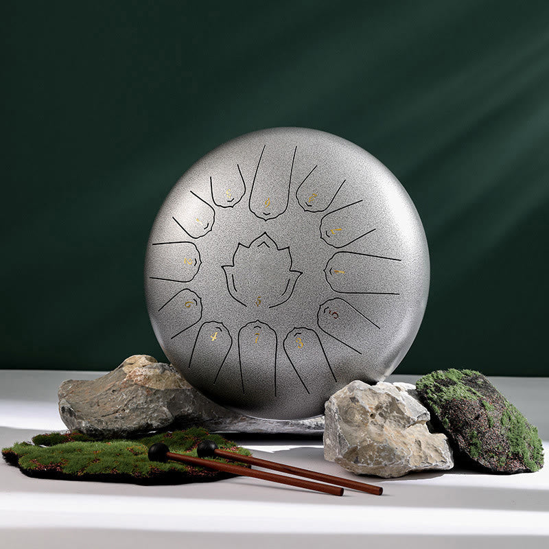Buddha Stones, tambor de lengua de acero, sonido curativo, atención plena, patrón de loto, Kit de tambor de Yoga, 13 notas, instrumento de percusión de 12 pulgadas