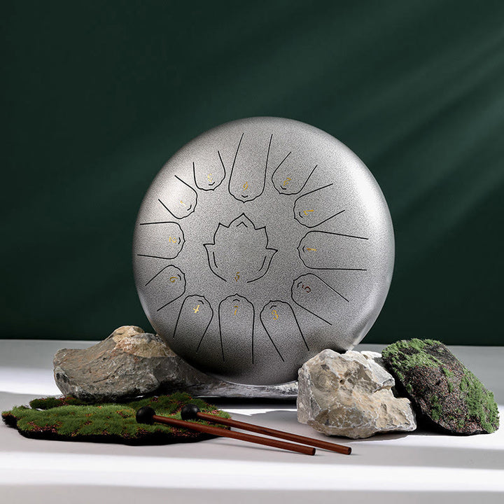 Buddha Stones, tambor de lengua de acero, sonido curativo, atención plena, patrón de loto, Kit de tambor de Yoga, 13 notas, instrumento de percusión de 12 pulgadas