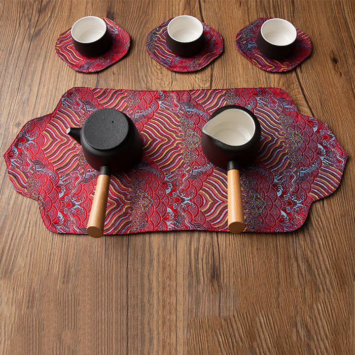 Tapete para taza con bordado de brocado de flor de ciruelo de bambú, posavasos para taza de té, Buddha Stones, ola de mar, tapete para té Kung Fu