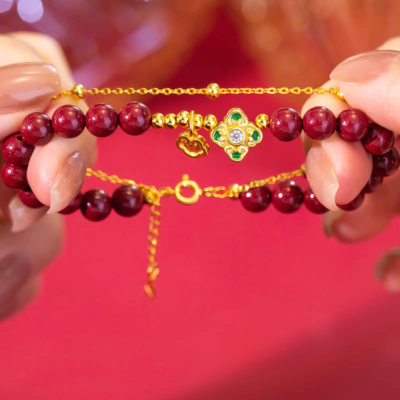 Pulsera de cadena de bendición de flores de trébol de cuatro hojas de cinabrio natural de plata de ley 925 con Buddha Stones