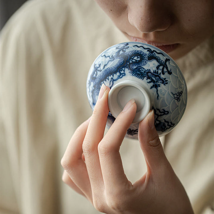 Tazas de té de cerámica con diseño de dragón azul y Buddha Stones, tazas de té de Kung Fu