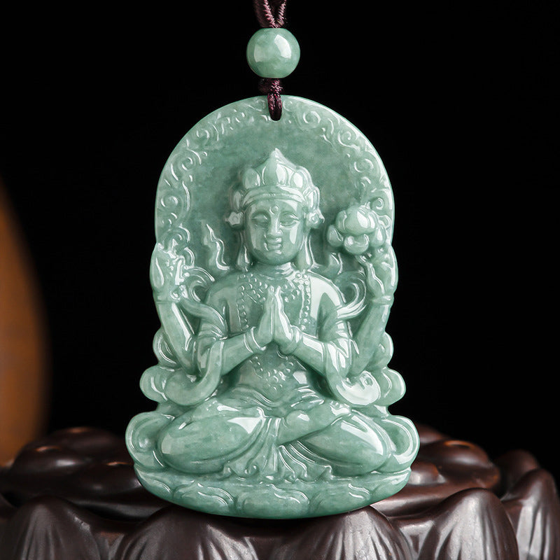 Collar de cadena de bendición con amuleto de jade natural Avalokitesvara de cuatro brazos - SÍMBOLO AVALOKITESVARA (Riqueza ♥ Éxito) - image 1